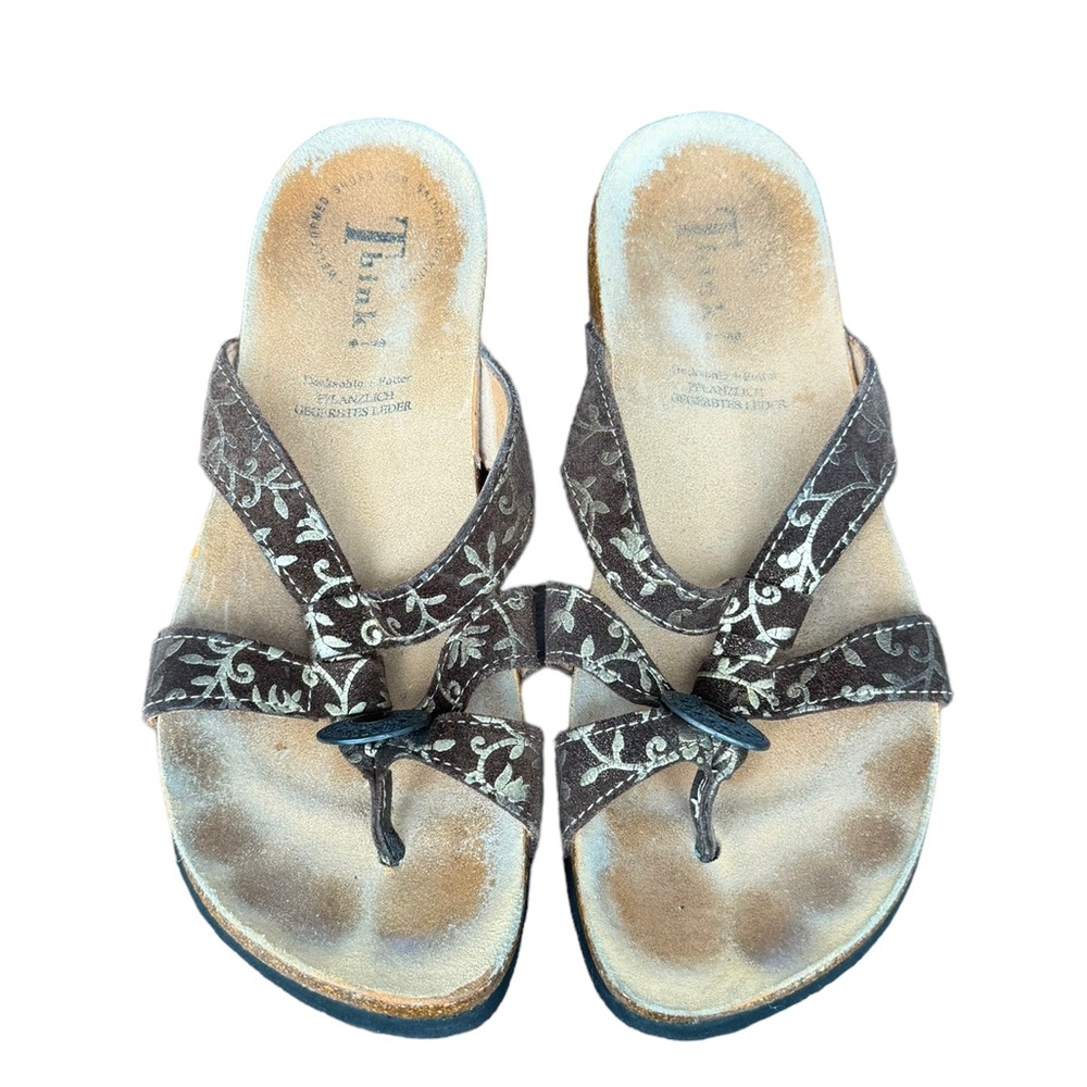 Think! Women’s Leather Slide Sandals Brown Slip On Thong Size 37/6